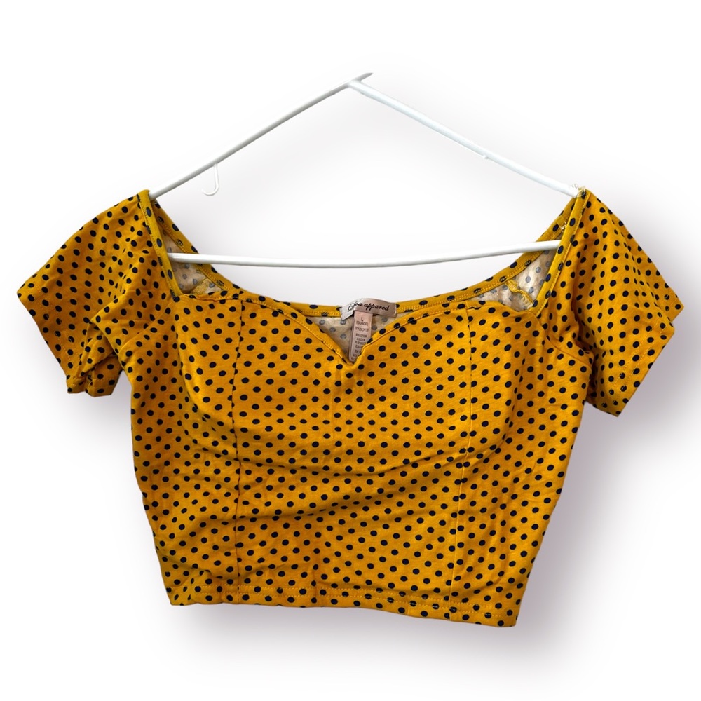 NWOT Diva Apparel Juniors Yellow Blue Polka Dot Cropped Shirt Large Sweetheart